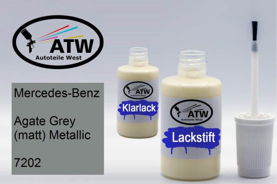 Mercedes-Benz, Agate Grey (matt) Metallic, 7202: 20ml Lackstift + 20ml Klarlack - Set, von ATW Autoteile West.